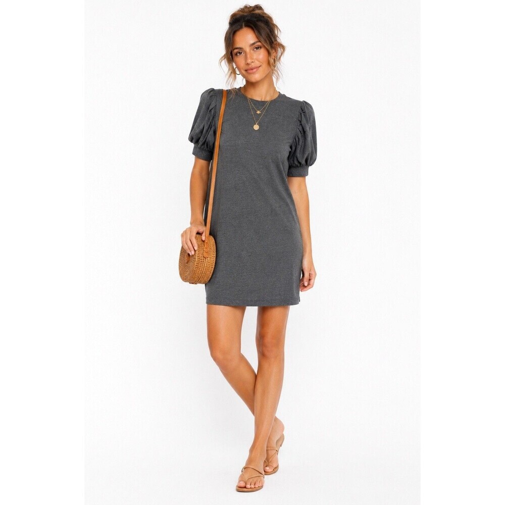 Daily Ritual Puff Sleeve Knit Dress Gray Midi Stretch Casual Womens Medium
